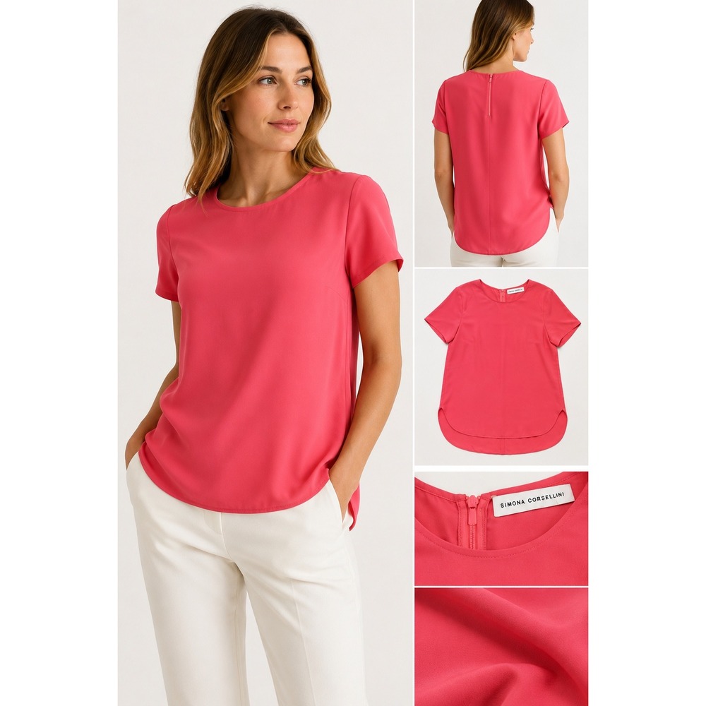 Simona Corsellini Short Sleeve Top XL NWT Silk Blend Coral Pink Made in Italy
